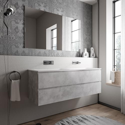 BERNSTEIN Badmöbel-Set Ava 140cm bestehend aus Mineralguss-Doppel-Waschbecken mit Unterschrank in Beton, Waschtisch BRUXELLES - Weiß matt ohne Hahnloch, Ideal für große Bäder