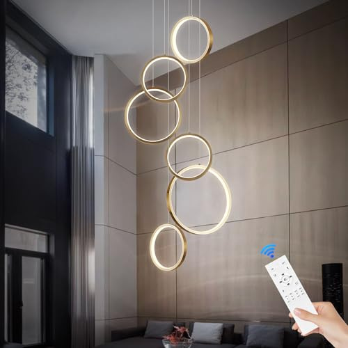Benkut Modern LED Chandelier 6 Ring Gold LED Pendant Light Adjustable Height Hanging Ceiling Light Fixture Dimmable Chandelier Ceiling Hanging for Foyer, Entryway (98.5in 3000K-6500K)