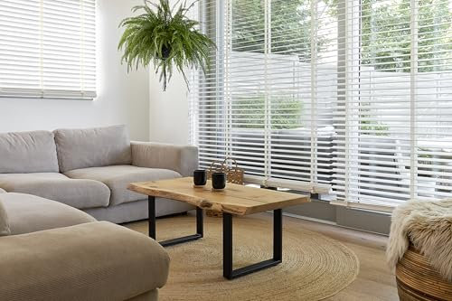 Iova-Moebel Couchtisch 110x55 cm Wohnzimmertisch Baumkante aus Wildeiche mit pulverbeschichteten Stahlbeinen | Epoxidharz Füllung | Couchtisch Massivholz mit echter Baumkante