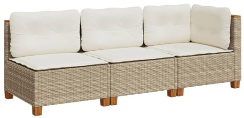 vidaXL Gartensofa 3-Sitzer, Gartensessel mit Kissen, Modular Loungesofa für Garten Terrasse, Sofa Garnitur Gartenmöbel, Beige Poly Rattan