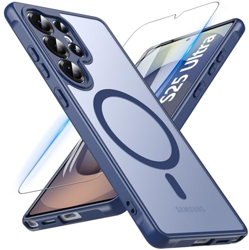 Magnetic For Samsung Galaxy S25 Ultra Case with Tempered Glass Screen Protector, Military-Grade Protection Shockproof Cover Translucent Matte Back Anti-Scratch Phone Case for S25 Ultra(Blue)