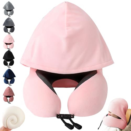 YOUYIKE Almohada Viaje, Almohada de Viaje para Cuello, Almohada Avion con Capucha Ideal para Dormir en Avión, Automóvil, Viajando, Autobús y Uso Doméstico (Rosa)