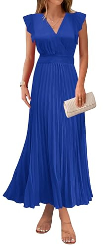 KIRUNDO Women's Summer Maxi Dresses Elegant V Neck Ruffle Flutter Sleeves Empire Waist Pleated Flowy Wedding Guest Dress (Blue, Medium)