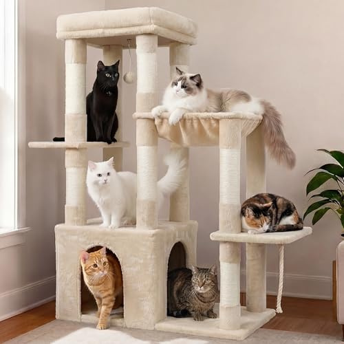 Heybly Rascador para Gatos 120cm - Torre para Gatos Adultos con Base XL, Incluye Múltiples Niveles, Muebles de Peluche, Rascador, Hamaca y Juguete con Bola, Beige HCT026M