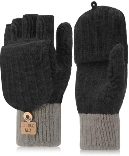 ViEinkaufen Gants thermiques sans doigts avec rabat - Gants tricotés avec écran tactile sans doigts - Mitaines convertibles pour homme et femme pour le ski et le cyclisme