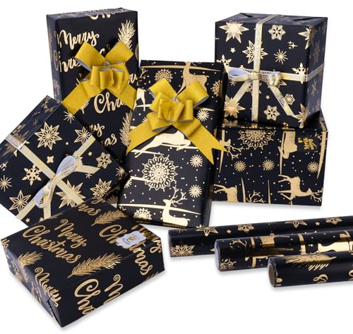 Larcenciel 3 Rotolo Carta Regalo Natale, Carta da Regalo Oro Nero con 12 Adesivo e 8 fiocchi con nastro, Alci fiocchi di neve piume,Carte Natalizia per Capodanno,Feste,Compleanno, 3Mx43CM