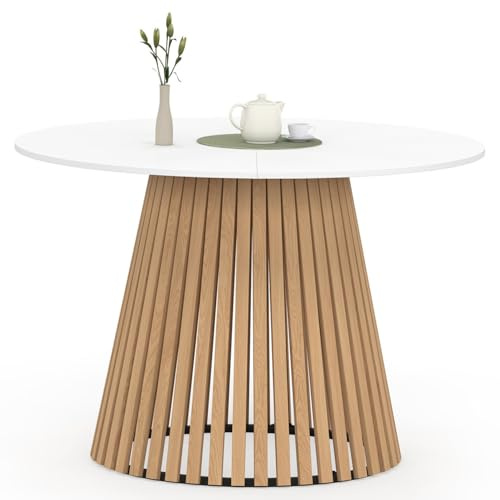 IDMarket - Table à Manger Ronde Carmen 6 Personnes Pied Bois en Lattes et Plateau Bois Blanc 110 cm