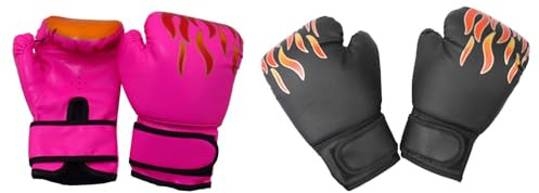 2 paia di guanti da boxe per bambini, per fitness, fitness, Muay Thai, colore rosa e nero, 15 x 23 cm
