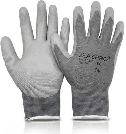 ASPRO Guanti da lavoro Grigio 9 (L) x10 - Guanti da giardinaggio - Guanti in nylon grigio con rivestimento in PU per costruzione, giardino, meccanica, magazzino e montaggio
