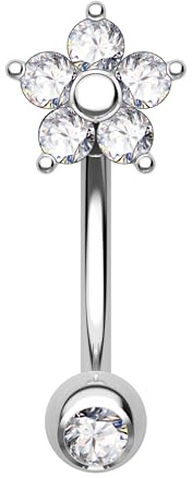 CM Crareesi Mania Titane G23 Bijou de Piercing Rook Sourcil Fleur Mignonne 16G Boucle d'Oreille Rook 8mm Barre Courbe avec Opale & Zircone Cubique Claire pour Femmes