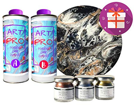 Resin Pro® RESINA EPOSSIDICA TRASPARENTE PER ARTISTI 1.6 KG + 3 PIGMENTI METALLICI ALLUMINIO, ORO, RAME + TELA ROTONDA IN REGALO – IDEALE PER RESIN-ART
