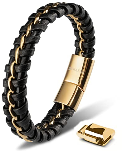 SERASAR 20cm Gold Männer Armband Leder Armreif Herren Lederband Herrenarmreif Armschmuck Schmuck Herrenschmuck Armkette Flecht Wickelarmband Kette Armbändchen Men Leather Bracelet