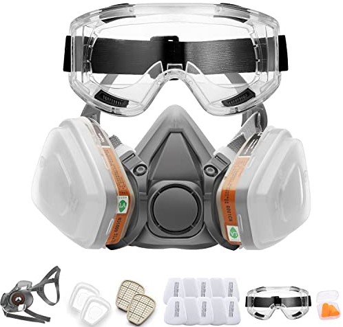 RANKSING Professionelle 6200 Wiederverwendbares Atemschutzmaske mit 1 Schutzbrille 10 Filter 2 Filterkartuschen für Farbstaub und Formaldehyd Schleifen Polieren Sprühen und andere Arbeiten