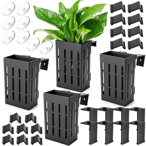 Borlech Upgraded Large Aquarium Plant Holder with Hooks and Suction Cups for Fish Tank Aquaponic Plant Cultivation and Aquascape Decorations (Black)