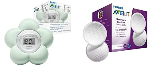 Philips Avent Thermomètre numérique de bain pour bébé, 100% étanche et mesure précise de la température (Modèle ‎SCH480/00) & SCF254/61 60 coussinets d'allaitement jetables - jour et nuit