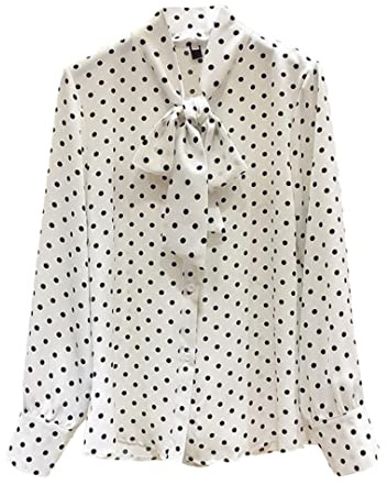 ERFMFKL Women Chiffon Shirts Long Sleeve Polka Dot Bow Tie Blouses Casual Stand Collar Women Tops White