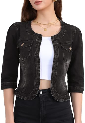 Allegra K Women's Short Denim Jacket Collarless 3/4 Sleeve Jean Jackets Black S