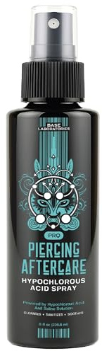 BASE LABORATORIES Piercing Aftercare Hypochlorous Acid Spray PRO - 8 OZ | Ear Piercing Cleaner | Saline Solution Piercing Aftercare - Saline Spray for Piercings, Bumps & Keloids | Ear, Nose, Belly