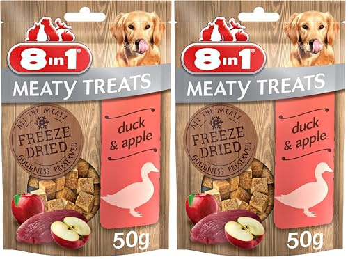 8in1 Meaty Treats, gefriergetrocknete Hunde Leckerlis mit Ente & Apfel, getreidefrei und ohne Zucker, 50 g Beutel (Packung mit 2)