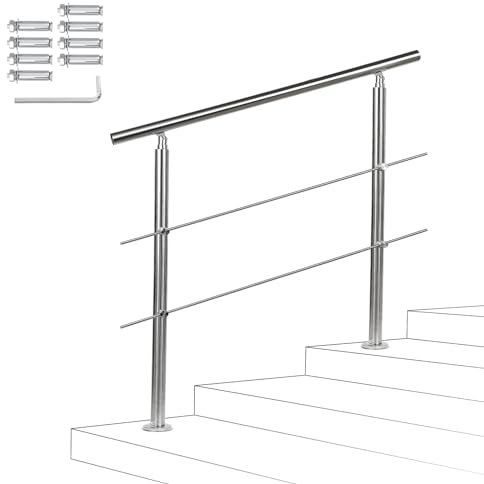 Fiqops Main courante en acier inoxydable - Rampe d'escalier extérieure et intérieure 180 cm Avec 2 traverses Ø 42 mm Avec accessoires - Angle réglable pour escaliers, jardin, entrée