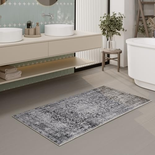 Wecon Home Ralph Badteppich, 80 x 150 cm, grau | Vintage Badezimmerteppich, Hochwertig und waschbar, Trendiges Wohnaccessoire für Modernes Bad-Design