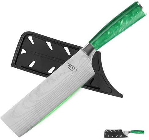FULLHI Coltello Nakiri con protezione, colore 17cm coltelli giapponesi, carne Veg taglio coltello da cucina in acciaio inox con guaina (Resina verde)