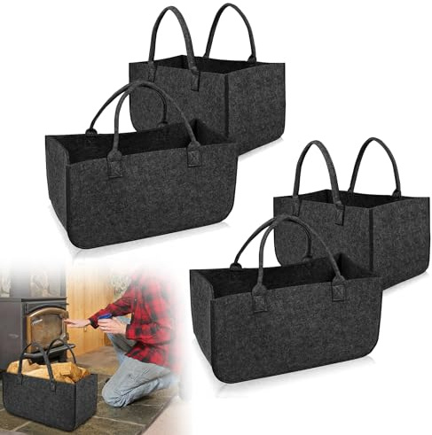 QEENTOE Lot de 4 sacs en feutre pliables avec poignées - Pour le transport du bois de chauffage - 50 x 25 x 25 cm - Gris foncé