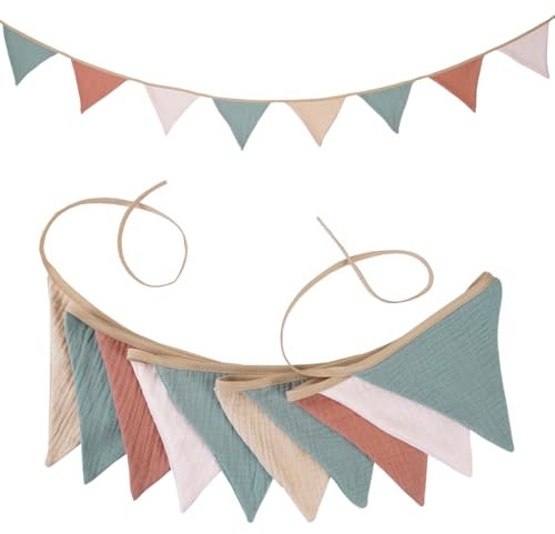 IKOPFLN Wimpelkette Kinderzimmer,Wimpelgirlande Outdoor Wetterfest,Musselin Baumwolle Stoff Wimpel Girlande,Baby Deko Zimmer,kinderzimmer deko,Wanddeko,kinderzimmer deko junge,Wimpel Banner Mädchen