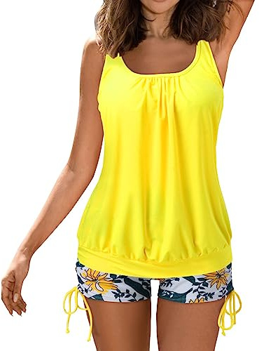 Tankinis for Women with Shorts UK Ladies Spring Summer Two Piece Swimsuits Vintage Floral Print Swimming Costume Swim Tank Tops and Tummy Control Beach Trunks Bathing Suit Sets