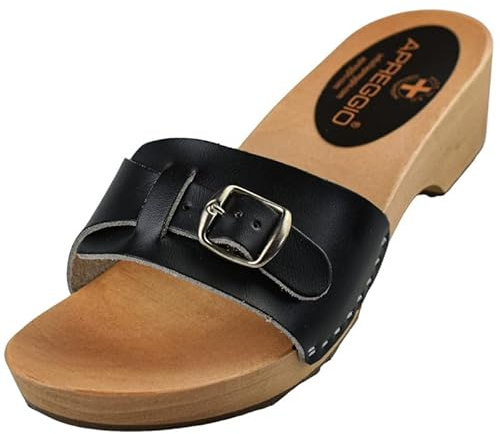 APREGGIO Zapatos de madera para mujer, zuecos abiertos de cuero, zapatillas hechas a mano, zapatillas, suecas, Negro, 38 EU