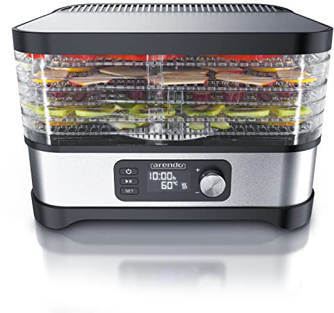 Arendo - Dörrautomat mit Temperaturregler 400 W - Edelstahl Dörrgerät für Lebensmittel Fleisch Früchte Gemüse - mit Timer bis zu 24 h - 35-70 Grad - 5 Einlegefächer - GS - Dehydrator - BPA frei