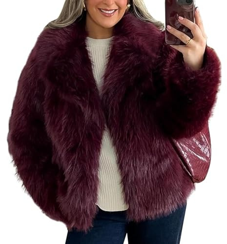 Women's Faux Fur Coat Long Sleeve Fluffy Jacket Open Front Furry Winter Warm Shaggy Short Coat Outwear Coats, wine redA1, M
