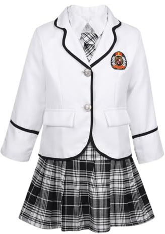 Yruioon Enfants Filles 4 Pièces Uniforme Scolaire à Manches Longues Blazer Veste avec Chemise Habillée Mini Jupe à Carreaux Cravate Ensemble 4-14 Ans