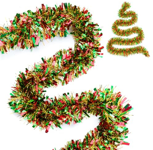 G2PLUS 10M Guirlande Noel Sapin: Guirlandes Tinsel Noël Rouge et Vert pour Sapin, Décoration Intérieure et Extérieure de Fête