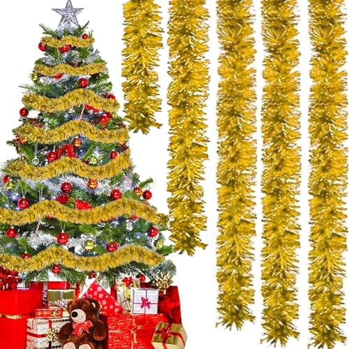 QXNDXQ Espumillón de Navidad 12m, Guirnalda de Oropel de árbol de Navidad, Espumillón Guirnalda de Oropeles, Guirnalda De Decoración Navideña para Árbol, Escalera, Chimenea y Pared (Oro)