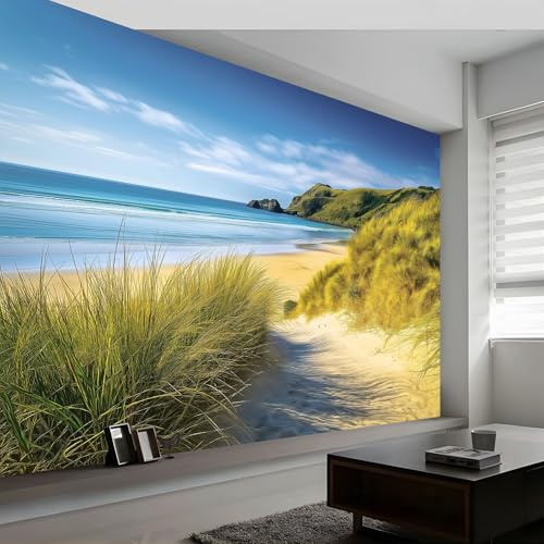 Wallpaper Mural Natural Scenery Art Poster Backdrop for Living Room Bedroom Garden Wall Decor Blue Sky Ocean Beach Green Grass Backdrop Aesthetic Mural for Bedroom - 350 x 256 cm