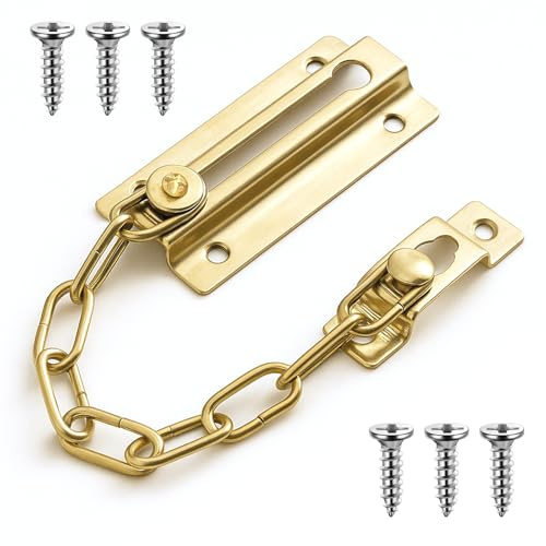 Secure Guard Door Chain Lock, Heavy-Duty Stainless Steel Chain Locks for Inside Door, Easy Install Welded Reinforced Thickened Security Chains Doors Latch Lock for Home Apartment Office (Gold)