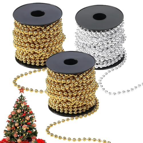 3 rotoli di decorazioni natalizie dorate per l'albero di Natale, per un'atmosfera festosa, perfette per i lavoretti fai da te per le nozze natalizie (10 metri/rotolo, oro e argento)