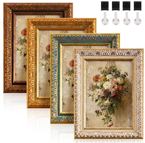 Fiwochic 4 Pack Ornate Vintage Picture Frame Sets, 5 x 7 Inch Ornate Vintage Photo Frame with HD Plastic Cover for Wall or Tabletop, Multicolour(Mixed Color)