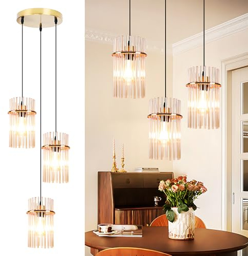 Lichtmaler Ljuskrona Guld 3-armig Rund E27 Hängande Armatur med Glas | Ø16 cm för Matsal, Kök, Vardagsrum, Kafé, Bar (utan glödlampa)