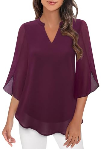 ZTFYKLIN Ropa Fiesta Mujer Blusas De Gasa Dobles con Cuello En V Y Mangas 3/4 Volantes Informales para (Wine, XL) Camisetas Camiseta Manga Larga Moda Top Azul Electrico Roja Camisas Tallas