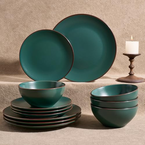 Richmount Venus Plates and Bowls Sets, Speckled 12-Piece Plate Set, Stoneware Dinner Set for 4 with Dinner Plates, Dessert Plates, Cereal Bowls, Microwave & Dishwasher Safe, Dark Green