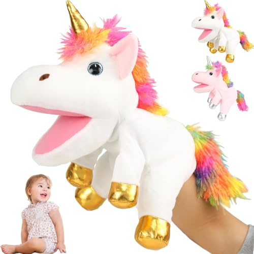 CWENDANER Pupazzo a mano con unicorno, giocattolo interattivo per ragazze, per narrazione, insegnamento e intrattenimento (30 cm) (unicorno bianco)