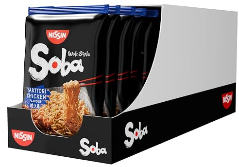 Nissin Noodles Soba Bag – Yakitori Chicken, 9er Pack, Wok Style Instant-Nudeln japanischer Art, mit Würzsauce, Hähnchen & Gemüse, schnell im Becher zubereitet, asiatisches Essen (9 x 110 g)