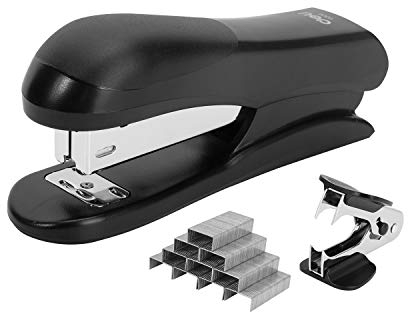 Deli Heftgerät Vorteilspack, Schreibtischhefter, Bürohefter, 20 Blatt Kapazität, inklusive Heftklammern und Heftklammerentferner, Schwarz