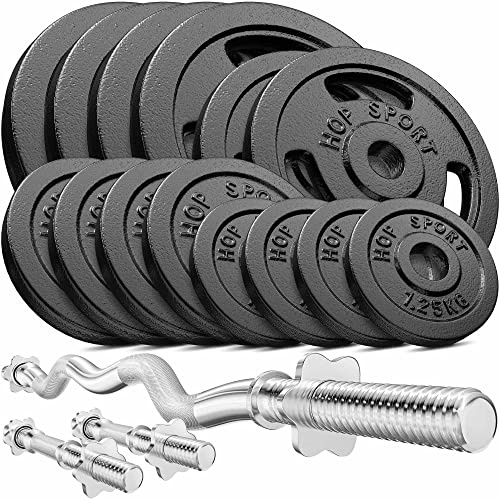 HOP-Sport® Set d'Haltères en Fonte 77 kg, Deux Barres Courtes, SZ-Curl, Kit de Disques de Poids Ajustables Ensemble pour Musculation à Domicile avec Plaques et Fermetures chromées, Noir