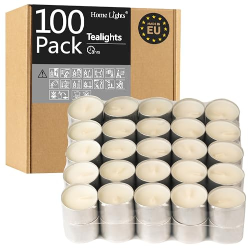 HomeLights Unscented Tealight Candles - 100 Pack, 8hr Smokeless White Votive Candles for Shabbat, Weddings, Home Decor