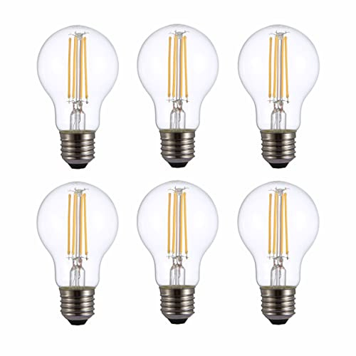 TEKLED® A60 Filament Vintage LED Bulbs | E27 Edison Screw | Energy Saving 6.5W Light Bulb 60W Equivalent | NONDIMMABLE Clear 2700K 806LM | 6-Pack | Warm White