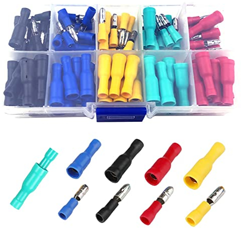Electrical Connectors, 100Pcs Insulated Male and Female Bullet Butt Connectors Electrical Crimps Connectors Straight Wire Terminal Connectors (Red, Yellow, Blue, Green, Black, 3 Different Sizes)