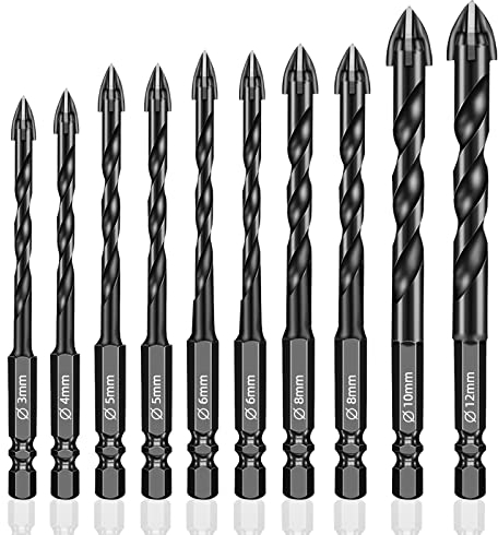 Kitnelw 10 Piezas Juego de Brocas con Punta de Carburo Cementado, Juego de Brocas Vástago Hexagonal, Taladro Conjunto De Vidrio De Bit, para Mampostería, Cerámica, Pared, Cemento, Ladrillo, Madera